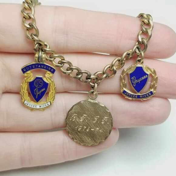 Vintage Jaycees Gold Filled Blue Enamel Charm Bracelet, 1960s Engraved, Estate - Picture 1 of 10